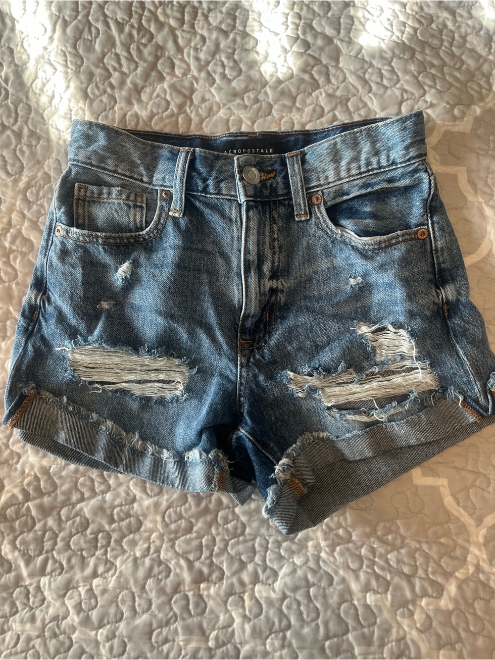 Aeropostale Distressed Rolled Hem Denim Shorts - Blue